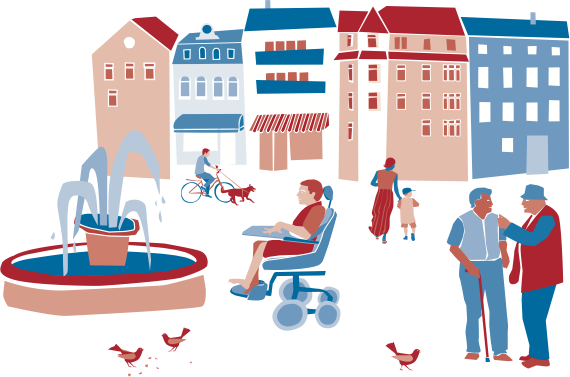 Illustration mit Menschen und Häusern in einem inklusiven Quartier